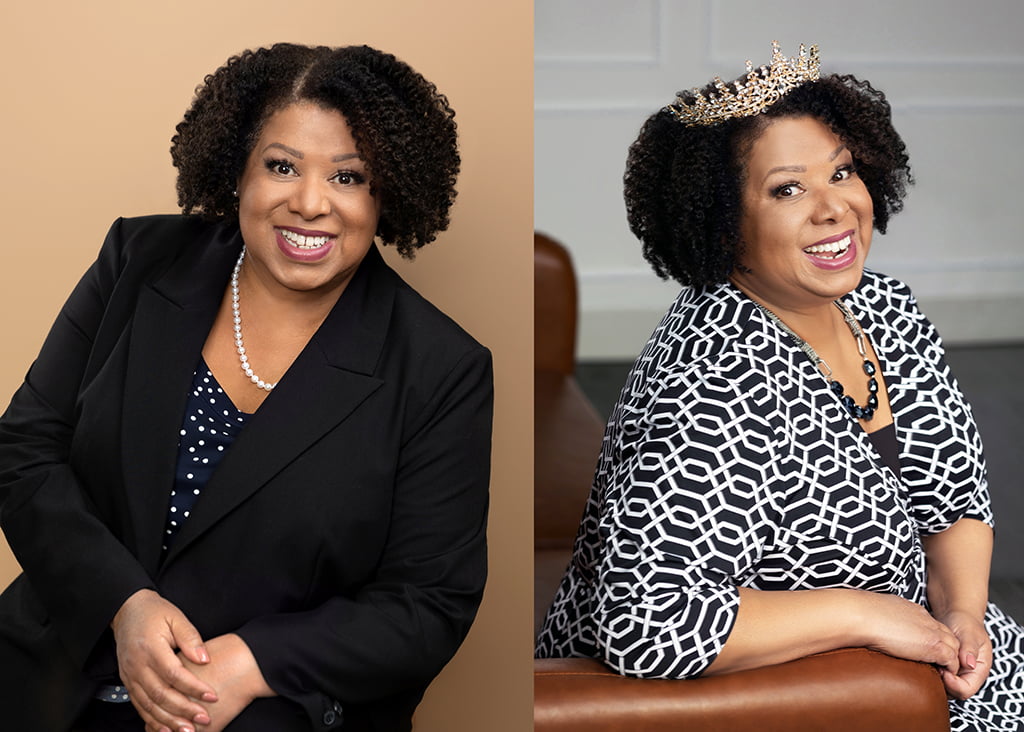 Two images of Gina. One is in a professional black jacket and the other a fun white design on a black dress.