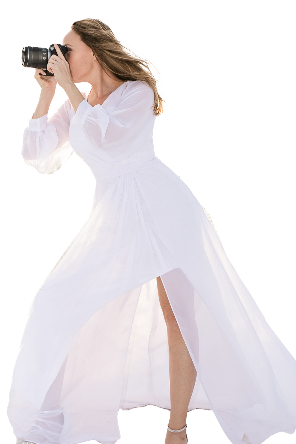 Great looking female photographer in flowing white dress - Professional Columbus Photographer - Desired Focus Photography