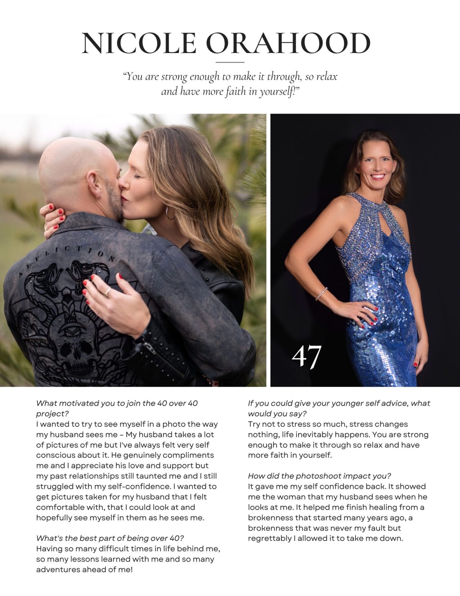 Portrait feature of Nicole Orahood, a smiling woman with long hair shown in two images. In one, she kisses her husband while holding his face tenderly, and in the other, she poses confidently in a sparkly blue gown against a dark background. The text includes her reflections on rebuilding confidence, seeing herself through her husband’s loving eyes, and her quote: ‘You are strong enough to make it through, so relax and have more faith in yourself.’