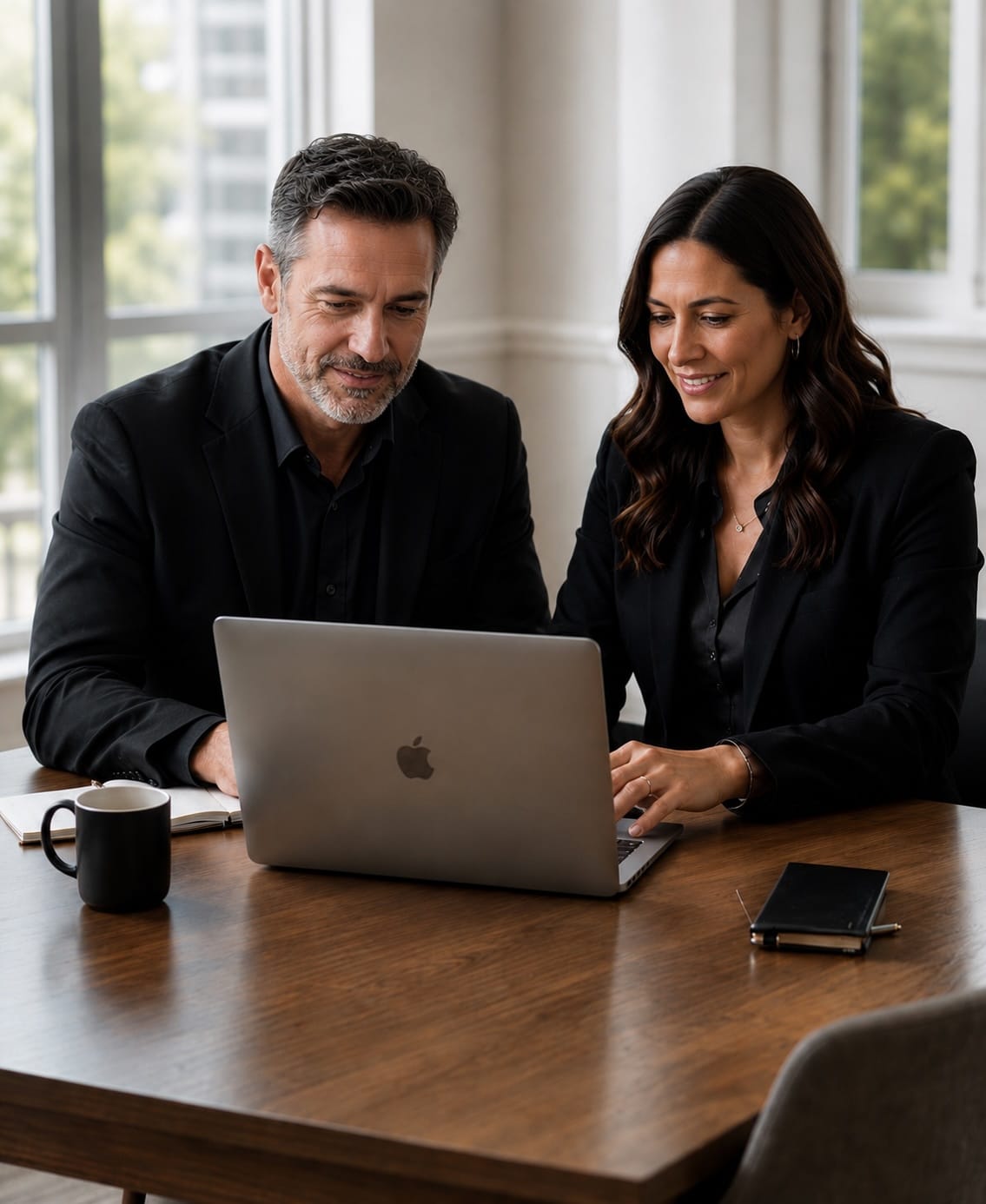 Business branding photography two colleagues reviewing work on laptop